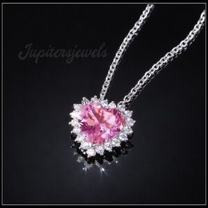 New Pink Blush Radiant Simulated Heart Diamond Halo Silver Necklace